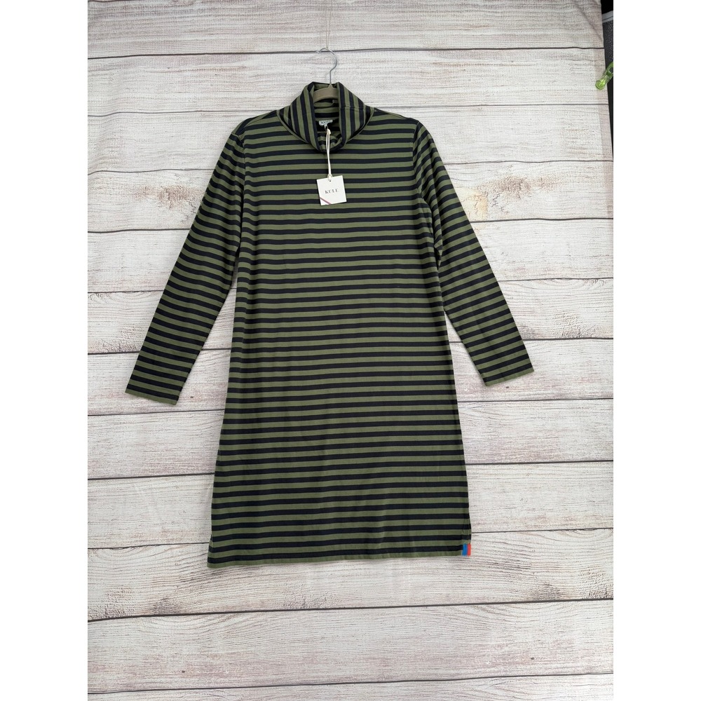 Kule Turtleneck Dress Women M Olive Black Striped Long Sleeve Cotton